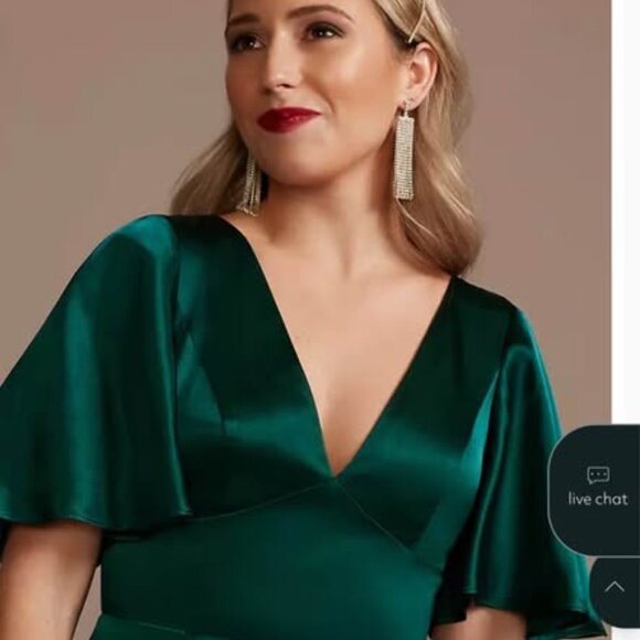 David’s Bridal Bridesmaid Dress - Gem (Emerald) Charmeuse Flutter Sleeve A-Line - Picture 3 of 9